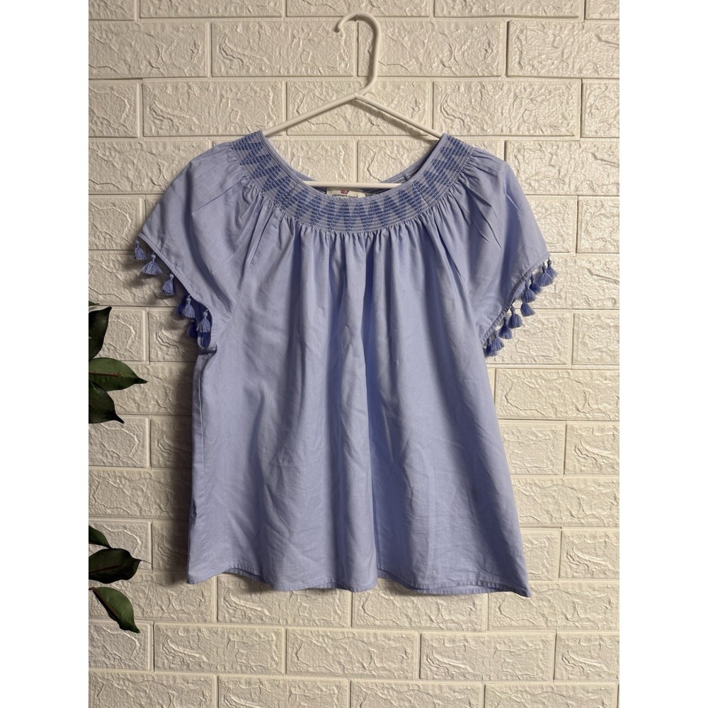 Vineyard Vines Women Blue Tassel Sleeve Smocked Pullover Blouse Top Size M
